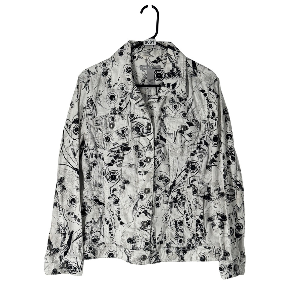 Chico's Platinum White Black Abstract Print Denim‎ Jacket Size 2